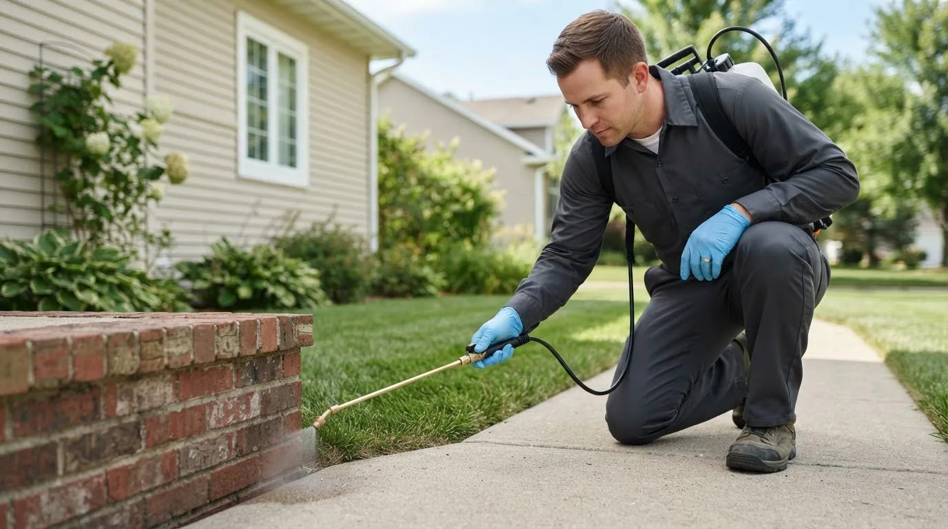 Pest control technician treating a home near Monmouth, ME
